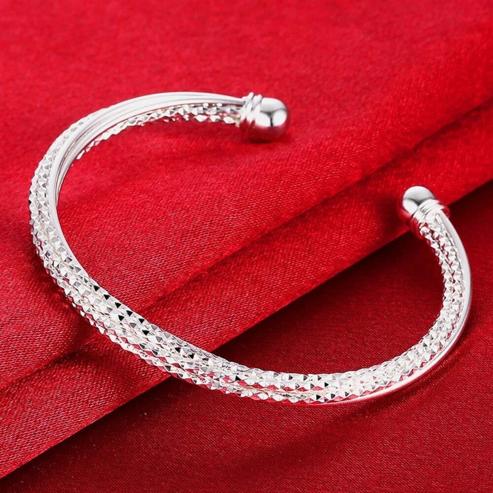 Women's 925 Sterling Silver Diamond Cut Cuff Ball End Open Bangle Bracelet